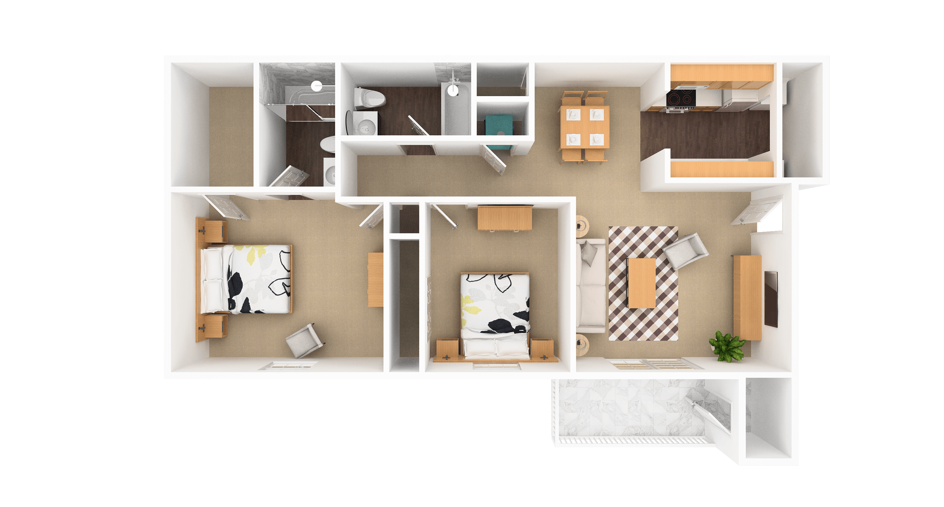 Floor plan for 2 beds, 2 baths, 993 sqft